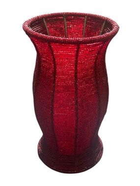 Vintage Red Beaded Hurricane Candle Holder Seed Beads